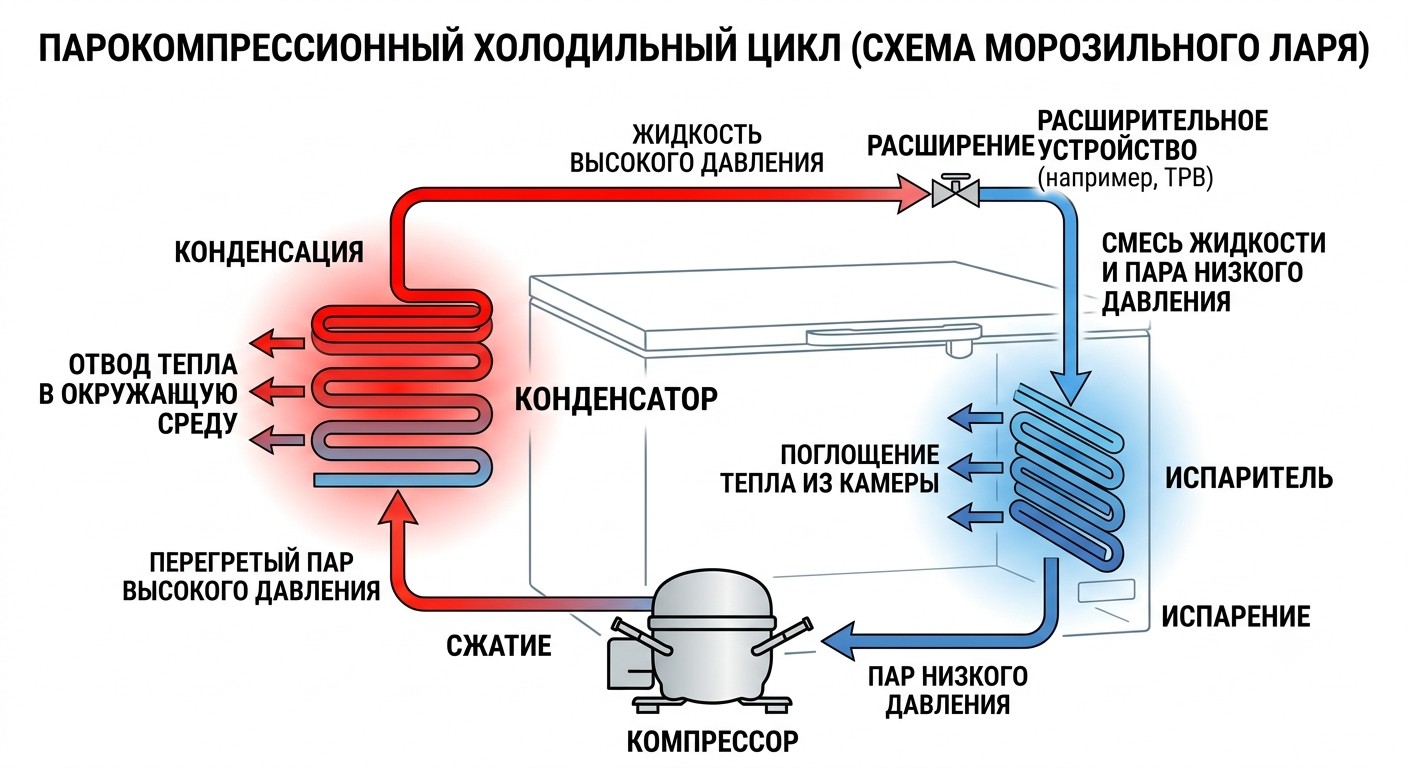 Схема работы морозильного ларя